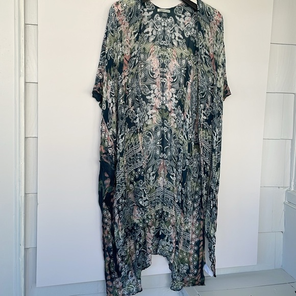 Moss Rose Blue Green Kimono Swim Beach Cover Up Viscose One Size - Picture 6 of 15